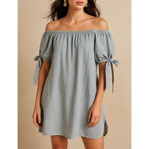 Knotty St Michaels Italian Linen Puff Sleeve Tie Bow Peasant Dress Gray Blue